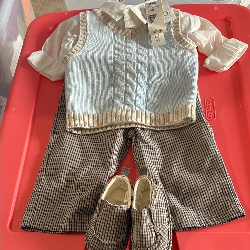 Baby Blue Cable Knit Vest Outfit with Shoes 6 month